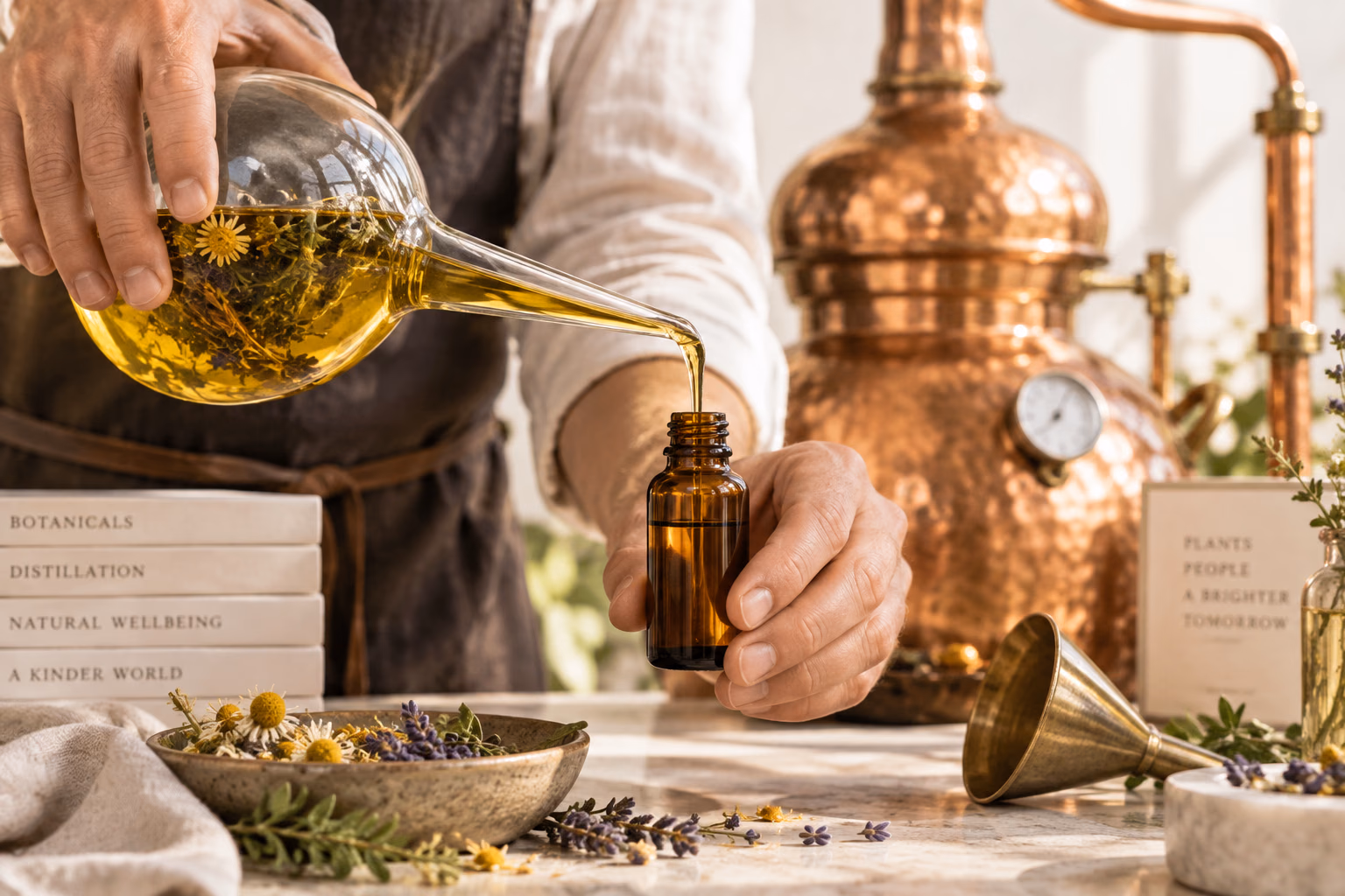 Golden botanical distillate bottle